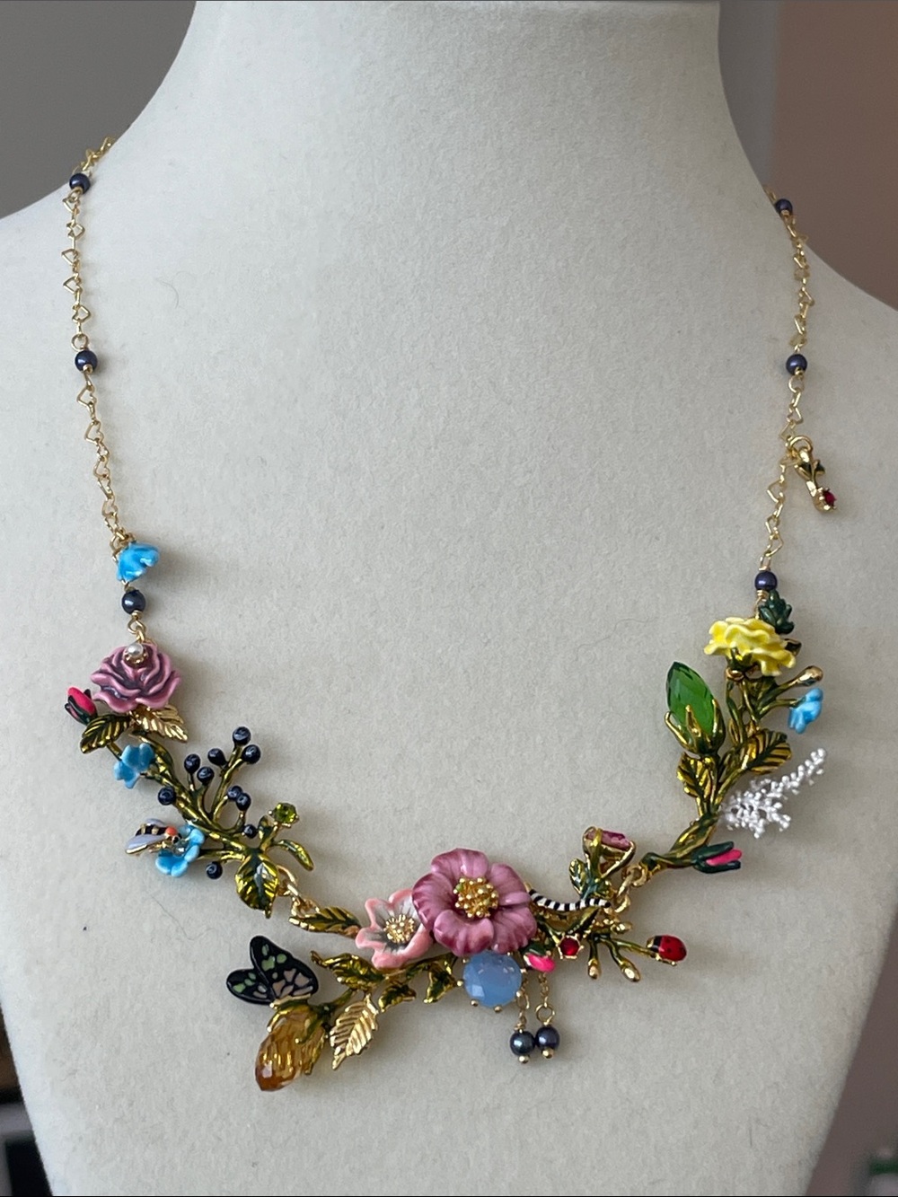 Les Néréides Hand Painted Floral Necklace 18k Gold Plated Rare French Statement